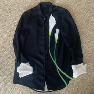 Black and White Floral Woman’s Poly Dress Shirt